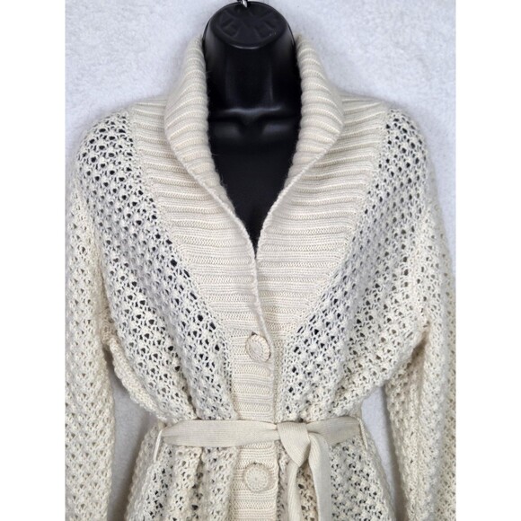 L.L.Bean Wool Angora Sweater L Cream Belted Shawl Collar Button Long Cardigan - Picture 4 of 9